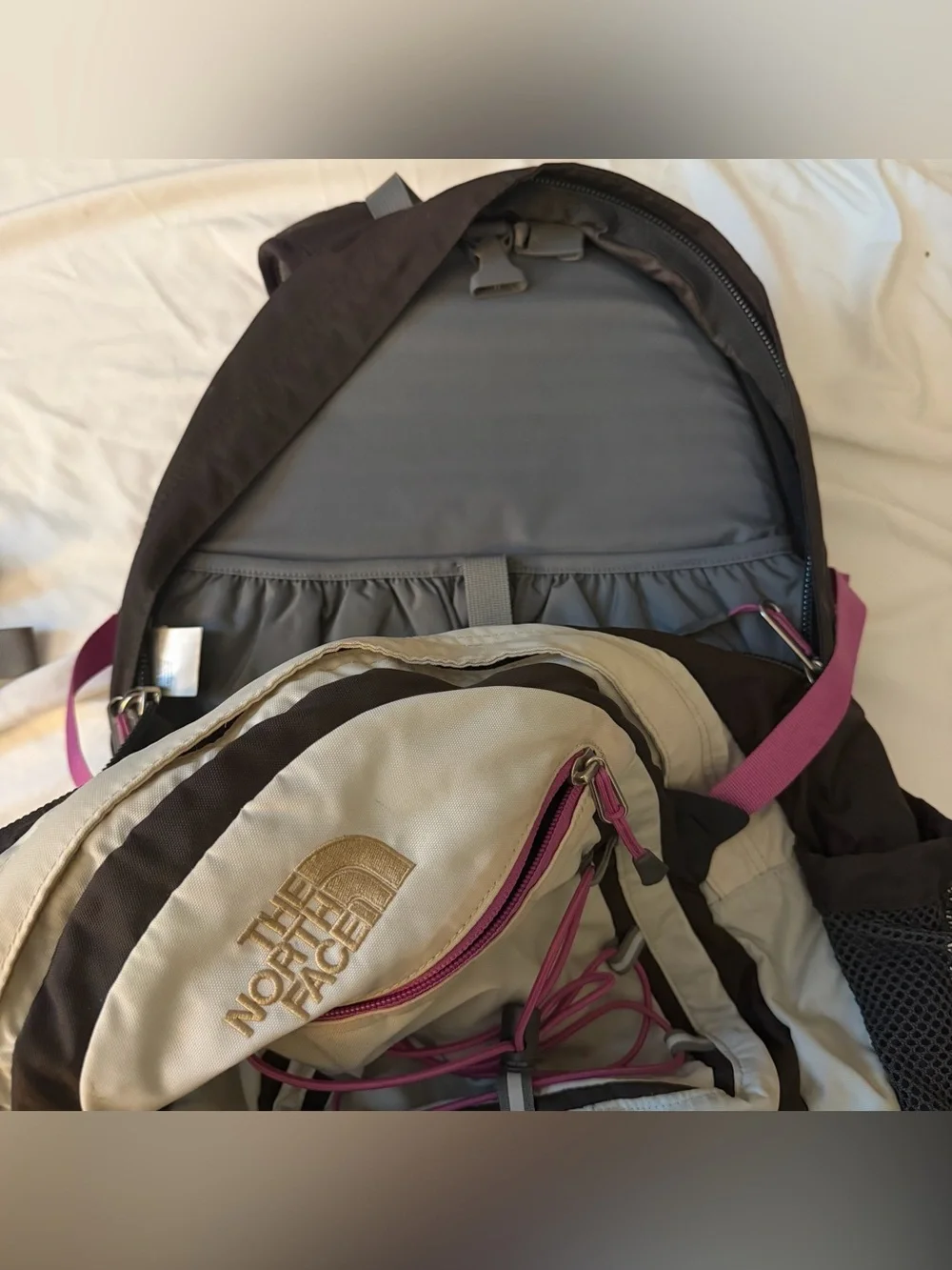 The North Face Borealis Backpack in Light Gray & Black/Brown with Pink Accents